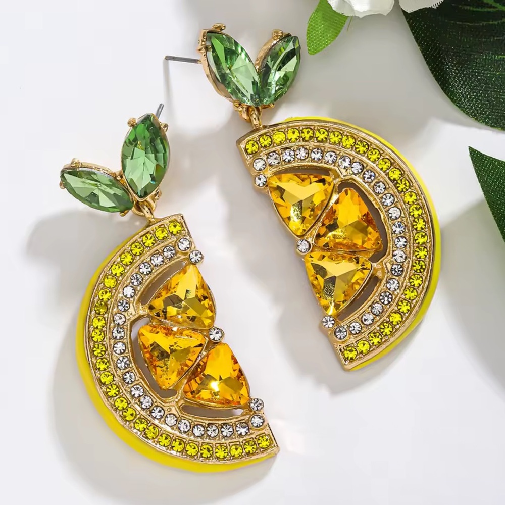 Rhinestone Lemon Earrings Cute Summer Fruit Jewelry - Picture 2 of 3